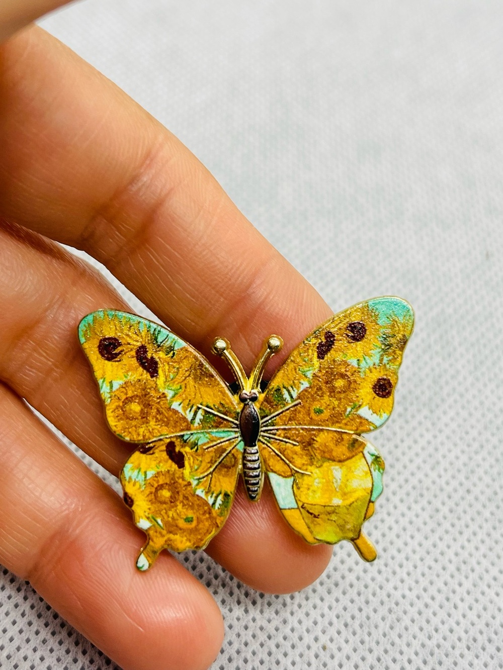 Van Gogh Yellow sun flower Floral Butterfly Brooch